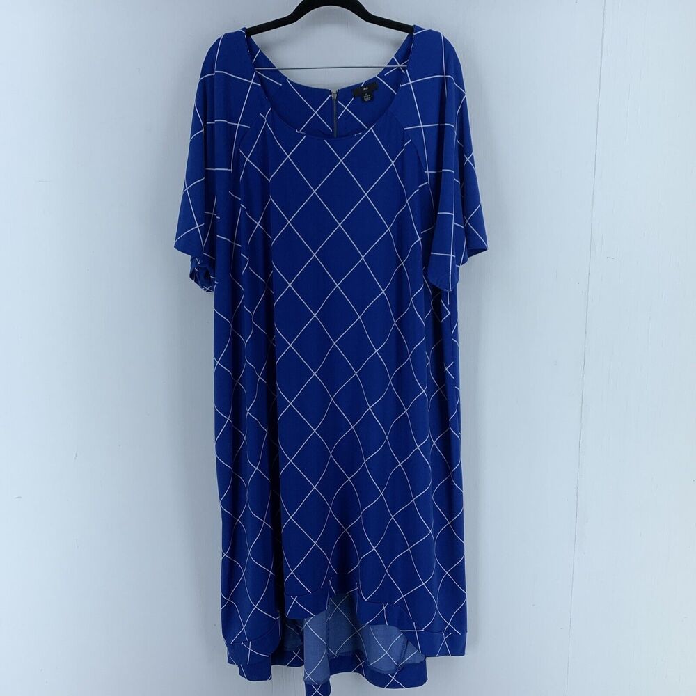 Ellos Womens 1X 22 24 High Low Shift Dress Blue White Windowpane Stretch Comfort